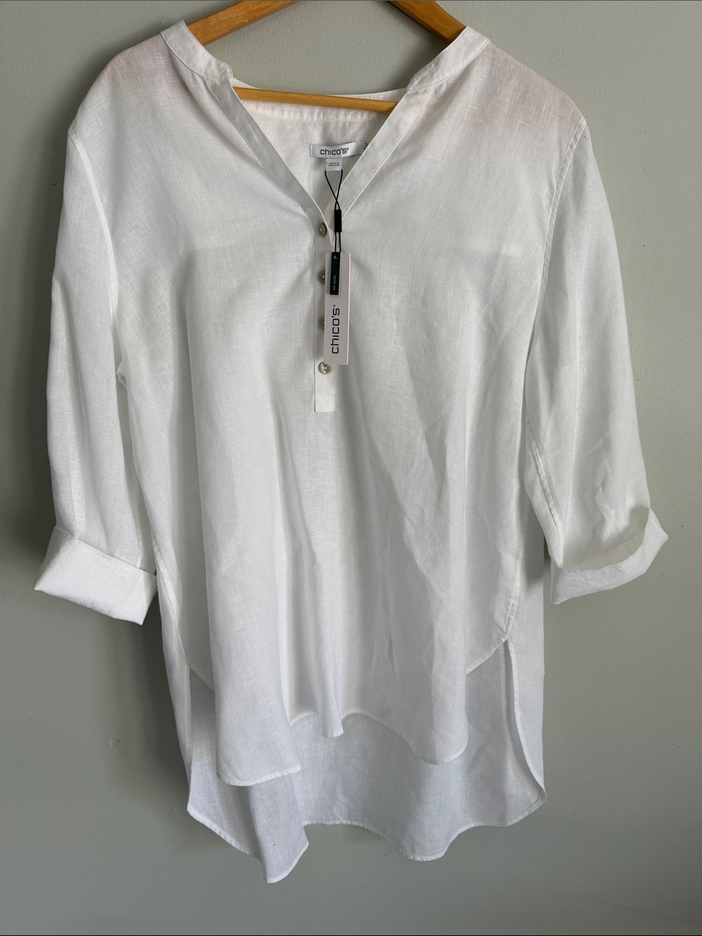 Chico's White Linen Henley Tunic with Roll-Tab Sleeves NWT